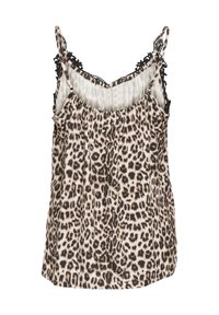 Camisole s leopardím vzorom s tenkými nastaviteľnými ramienkami, ktorý má čierne čipkové akcenty okolo výstrihu a lemovania; ľahký, hodvábny materiál.