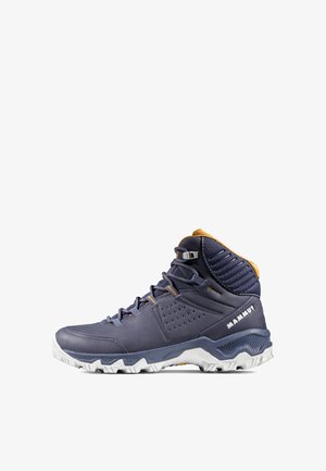 Hiking-Stiefel in Mittelhoch mit einem Obermaterial aus navy Leder und einem strukturierten grauen synthetischen Kragen. Verfügt über orangefarbene Akzente, eine robuste weiße Sohle und perforierte Details.