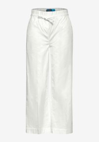 Pantaloni bianchi a gamba larga con vita regolabile, realizzati in tessuto leggero, dalla consistenza morbida e con una vestibilità comoda. Nessun motivo o accento visibile.