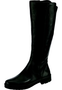 Botas de cuero negro hasta la rodilla con una textura suave, punta redondeada y suela plana. Presenta un cierre lateral y un sutil detalle del logo.