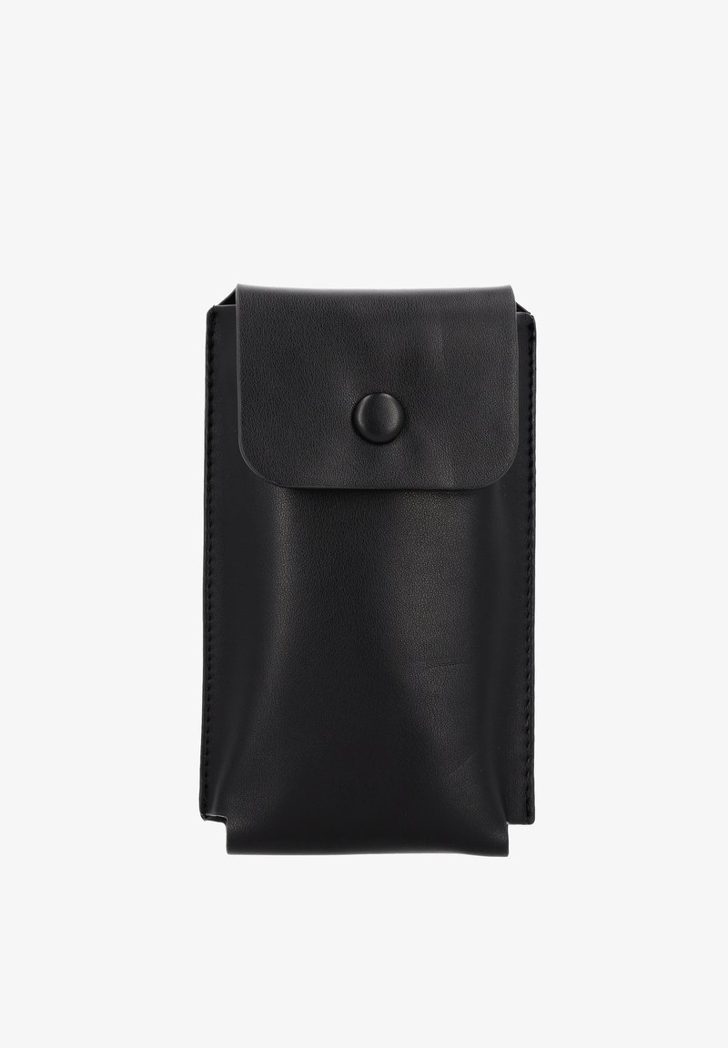 Black leather phone pouch with a snap closure, featuring a smooth texture and minimalist design, neatly folded with rounded edges.