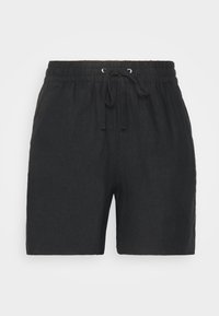 Pantaloni corti in lino neri con vita elasticizzata, dettaglio con cordino e due tasche laterali. Gambe dritte e design semplice.
