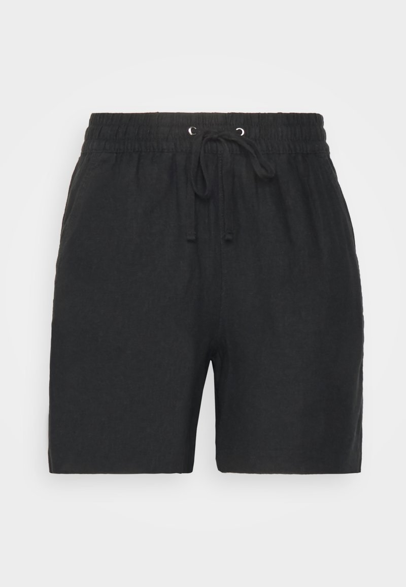 Pantaloni corti in lino neri con vita elasticizzata, dettaglio con cordino e due tasche laterali. Gambe dritte e design semplice.