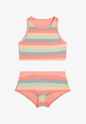 To-delt badedragt med en tank-top og højharede bund. Stribet mønster i koral, mintgrøn og marineblå. Glat materiale.