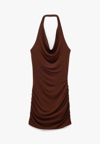 Ruskohoinen, hihaton ruskea mekko, jossa on laskostettu kaula-aukko, sivuilla rypytystä ja sileää, venykevää kangasta.