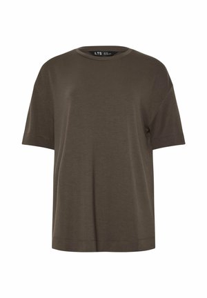 Maglietta semplice marrone con maniche corte e collo rotondo, vestibilità comoda, mostrata su sfondo bianco.