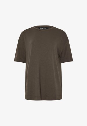 Maglietta semplice marrone con maniche corte e collo rotondo, vestibilità comoda, mostrata su sfondo bianco.