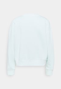 Jasnoniebieska bluza, miękka tekstura, luźny krój, okrągły dekolt, obniżone ramiona, ściągacze przy mankietach i u dołu, minimalistyczny design bez widocznych logo.