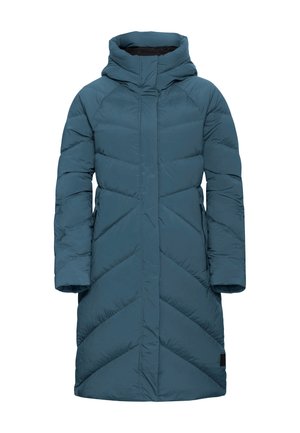 Cappotto imbottito blu in piuma con cappuccio, caratterizzato da un motivo a zigzag, maniche lunghe e design di lunghezza media. Texture liscia e tasche laterali.