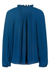 Blouse bleu marine à manches longues avec des plis verticaux, un col montant à volants et des poignets élastiques sur les manches.