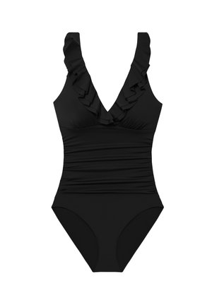 Melns viengabala peldkostīms ar volānu rotāto V-veida izgriezumu, savilktu korseti un klasiska griezuma dizainu. Izgatavots no gludas, elastīgas auduma.
