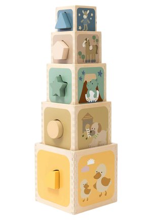 Wooden stacking blocks with colored shapes (triangle, pentagon, star) and animal illustrations; light colors; textured edges; round and square designs.