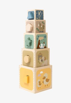 Wooden stacking blocks with colored shapes (triangle, pentagon, star) and animal illustrations; light colors; textured edges; round and square designs.