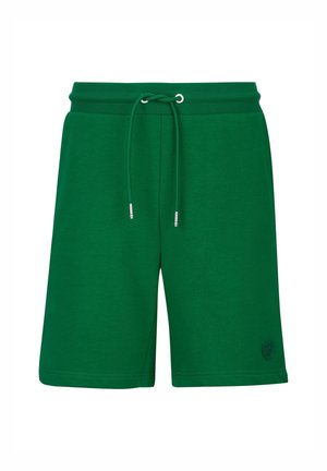 Grüne, knielange Freizeithosen mit einem elastischen Bund und Kordelzug, mit einem kleinen Emblem nahe dem Saum am rechten Bein.