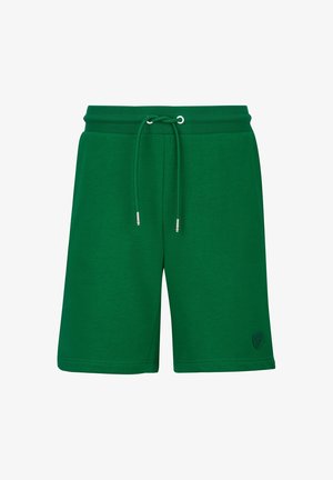Shorts décontractés verts jusqu'aux genoux avec une ceinture élastique et un cordon de serrage, ornés d'un petit emblème près de l'ourlet sur la jambe droite.