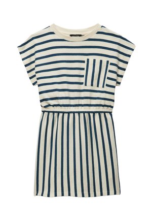 Robe à manches courtes avec des rayures horizontales bleu marine et blanches sur le haut, des rayures verticales sur la jupe, une taille élastique et une poche poitrine rayée.