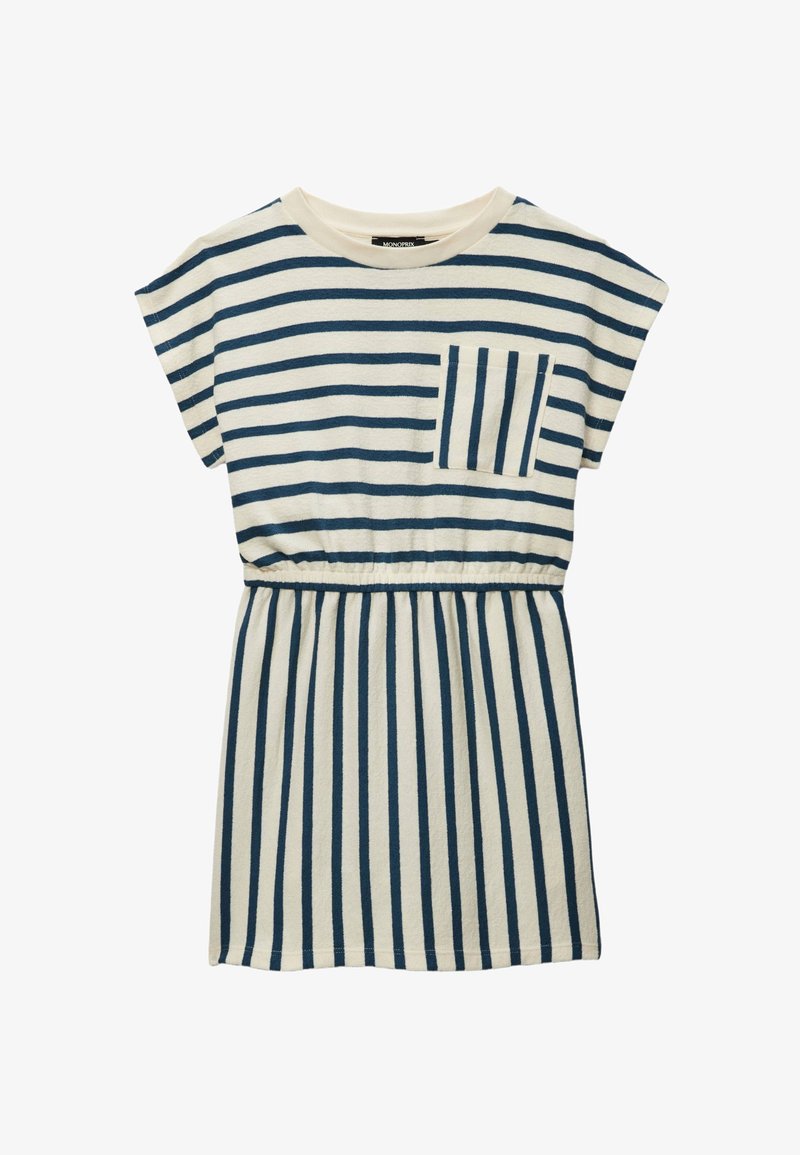Robe à manches courtes avec des rayures horizontales bleu marine et blanches sur le haut, des rayures verticales sur la jupe, une taille élastique et une poche poitrine rayée.