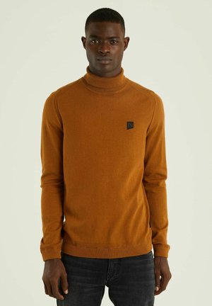 Brown turtleneck sweater made of a smooth knit fabric, featuring long sleeves and a small black logo tag on the chest.