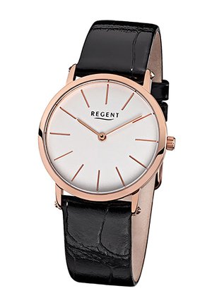 Montre ronde en or rose avec cadran blanc, index minimalistes en or rose, bracelet en cuir noir et logo "REGENT" sous 12 heures.