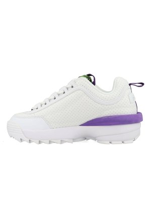 White sneaker with perforated texture, purple accent on the midsole, and contrasting green pull tab. Rounded toe and lace-up design.
