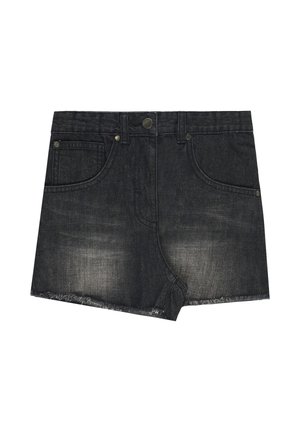 Shorts in denim nero con tasche frontali, passanti per cintura, chiusura con bottone e orlo sfrangiato.