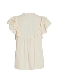 Blusa color crema con maniche corte a volant, schiena arricciata e un collo alto con un sottile dettaglio a volant. Tessuto dalla trama liscia.