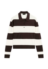 Long-sleeve polo shirt featuring alternating dark brown and white horizontal stripes, a collar, and a buttoned placket. Made of soft fabric.