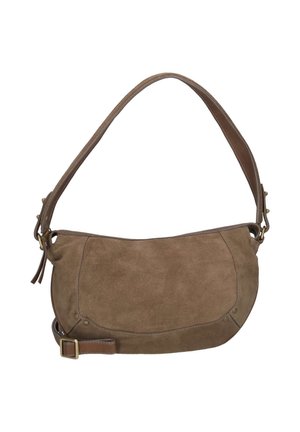 Braune Wildleder-Schultertasche mit Lederriemen und kleinem Schnallendetail an der Seite vor weißem Hintergrund.