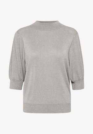 Silberner Pullover mit einem hohen Kragen, Ballonärmeln und gerippten Bündchen. Aus strukturierter Material mit einem subtilen Schimmereffekt gefertigt.