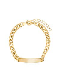 Bracciale a catena color oro caratterizzato da anelli intrecciati, una piastrina ID piatta e un moschettone con una catena di estensione regolabile.