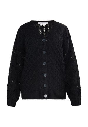 Zwarte gebreide cardigan met een V-hals, lange mouwen en een gestructureerd patroon. Bevat zes zwarte knopen aan de voorkant en geribde manchetten.