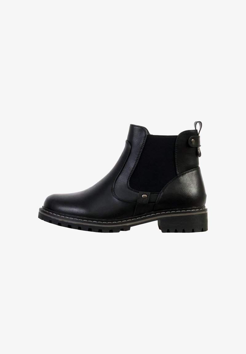 Bottines noires avec des panneaux en cuir lisse et en daim, des inserts élastiques sur les côtés, une languette de traction et une semelle en caoutchouc robuste.
