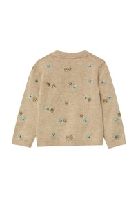 Beige gebreide trui met meerkleurige geborduurde berenmotieven. Ronde hals en lange mouwen met geribbelde boorden en zoom.