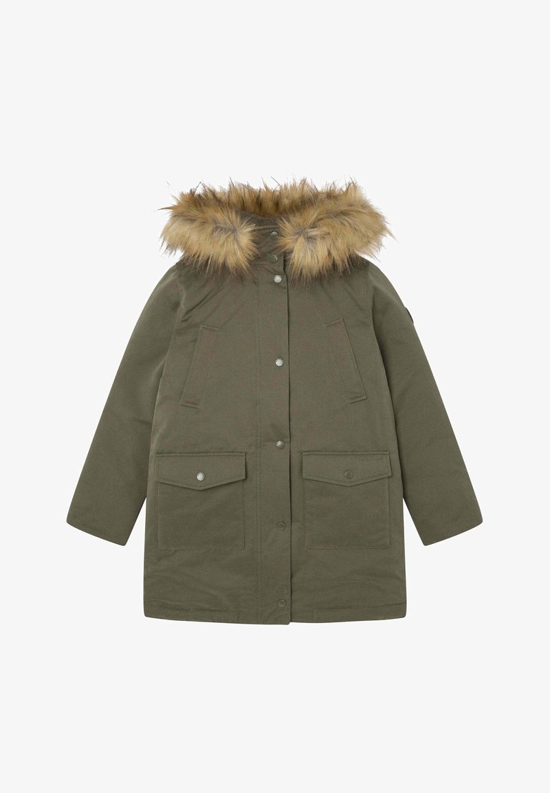 Olivgrön parka med en huva foder med fuskpäls, knäppning med tryckknappar, två framfickor med klaff och rak skärning.