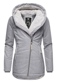 Gray winter jacket featuring a zip closure, detachable hood, and soft fleece lining. Quilted design with elastic cuffs and side pockets.