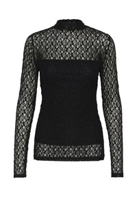 Schwarzes Spitzenoberteil mit langen Ärmeln, das einen hohen Kragen, ein Blumenmuster und eine taillierte Silhouette mit durchsichtigen Ärmeln und einem festen Körper aufweist.