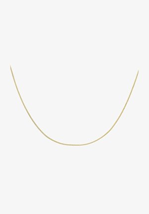 Gold-colored chain necklace with a smooth, fine link design. It is slender, flexible, and has a polished finish.