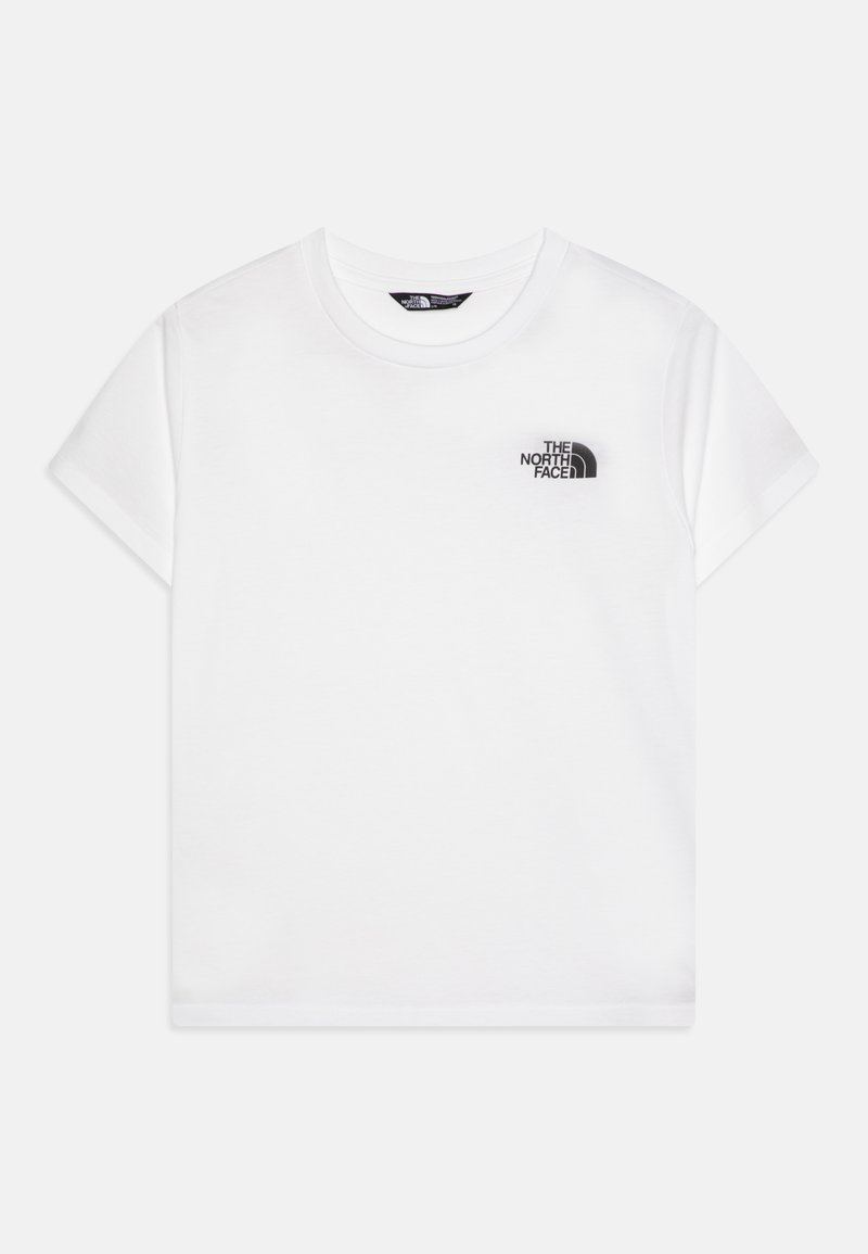 Bela bombažna majica s kratkimi rokavi in okroglim izrezom, z majhnim črnim logotipom "The North Face" na levem prsnem delu. Klasičen kroj.