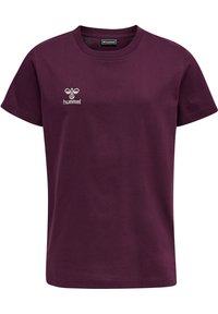 Bordeaux katoenen T-shirt met korte mouwen, een ronde hals en een wit geborduurd "hummel" logo op de borst.