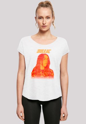 White t-shirt with short sleeves featuring a graphic print of a figure in vibrant red and orange tones, topped with the text "BILLIE" in bold.