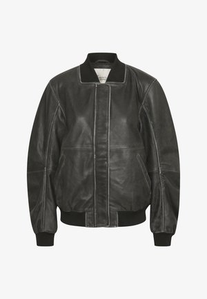 Črna usnjena bomber jakna z rebrastimi manšetami in ovratnikom, z zadrgo spredaj in stranskimi žepi ter šivanimi detajli ob šivih.