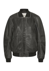 Black leather bomber jacket featuring a ribbed collar, elastic cuffs, and side pockets with stitched detailing on the front and sleeves.