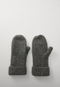 Gray wool mittens with a ribbed cuff, featuring a soft texture and rounded tips, designed for warmth and comfort in cold weather.