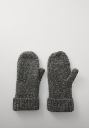 Grijze wollen wanten met een geribbelde manchet, voorzien van een zachte textuur en ronde punten, ontworpen voor warmte en comfort in koud weer.