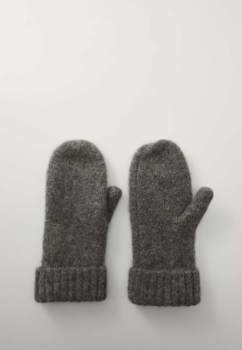 Gray wool mittens with a ribbed cuff, featuring a soft texture and rounded tips, designed for warmth and comfort in cold weather.