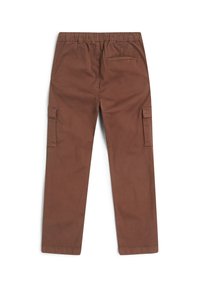 Pantaloni cargo marroni con una vita elasticizzata, tasche cargo laterali e una singola tasca posteriore. Materiale in cotone morbido e resistente.