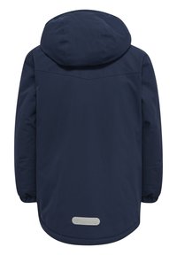 Navyblaues Outdoor-Jacke mit Kapuze, ausgestattet mit einer glatten Textur, verstellbaren Bündchen und einem Logopatch am Saum.
