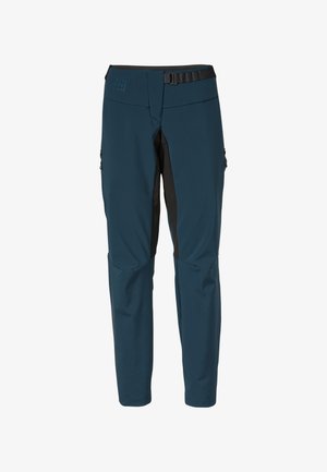 Pantaloni elasticizzati blu e neri con un design elegante. Presentano passanti per cintura, tasche con zip e una silhouette aderente.