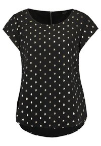 Blusa nera a maniche corte con motivo a pois argento e oro, scollatura rotonda e zip sul retro. Tessuto morbido con orlo leggermente curvo.