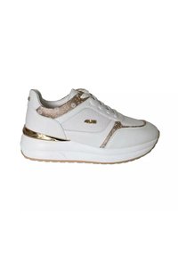 Sneaker bianca con accenti dorati e dettagli a motivo sul retro. Presenta una tomaia testurizzata, punta rotonda e una suola spessa e ammortizzata.